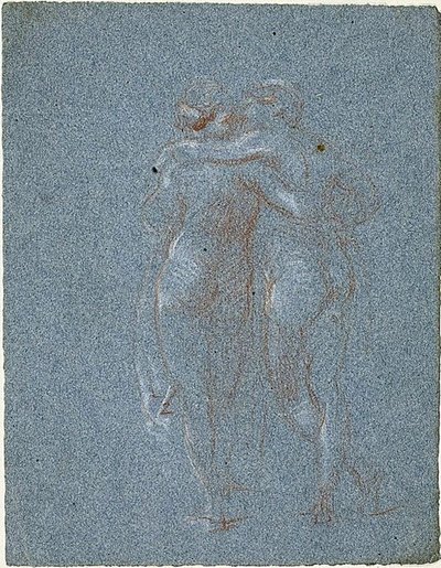 Twee Staande Figuren, Omhelzend (recto); Man met Zeis en Schetsen van Gebouwen (verso) door Jean Baptiste Carpeaux