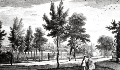 Een uitzicht op de Elysese Velden vanaf de bron van Helicon, Stowe House Gardens, gegraveerd door George Bickham, 1753 door Jean Baptiste Claude Chatelain