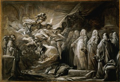 De provoost van de kooplieden en de wethouders van de stad Parijs; allegorie op het Verdrag van Parijs door Jean Baptiste Deshays