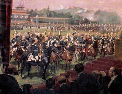 De vlaggenparade in Longchamp door president Jules Grevy in aanwezigheid van Leon Gambetta op 14 juli door Jean Baptiste Edouard Detaille