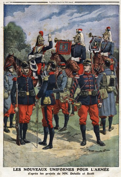 De nieuwe uniformen voor het Franse leger na de ontwerpen van schilders Edouard Detaille (1848-1912) en Georges Bertin Scott (1873-1942) genaamd Scott de Plagnolles. Gravure in 