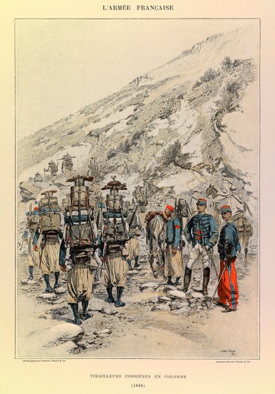 Typen en uniformen van het Franse leger van kapitein Jules Richard, geïllustreerd door Edouard Detaille (1848-1912): Inheemse Tirailleurs in kolom in 1886, Privécollectie door Jean Baptiste Edouard Detaille