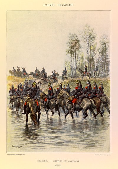 Typen en uniformen van het Franse leger van kapitein Jules Richard, geïllustreerd door Edouard Detaille (1848-1912): Draken; Veldservice in 1885, Privécollectie door Jean Baptiste Edouard Detaille