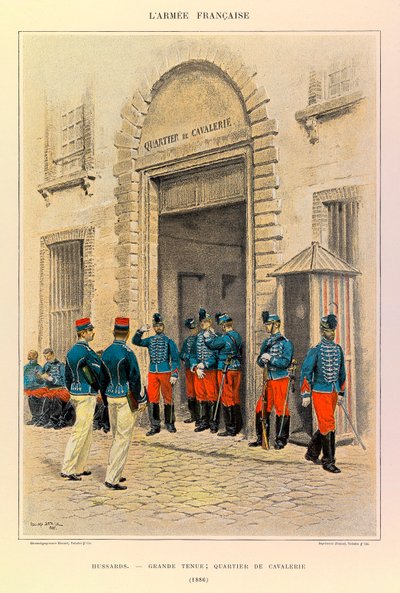 Typen en uniformen van het Franse leger van Kapitein Jules Richard, geïllustreerd door Edouard Detaille (1848-1912): Huzaren in Grote Kledij; Cavaleriedistrict in 1886, Privécollectie door Jean Baptiste Edouard Detaille