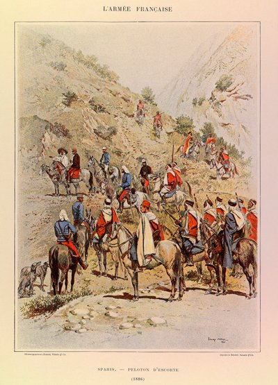 Typen en uniformen van het Franse leger van kapitein Jules Richard, geïllustreerd door Edouard Detaille (1848-1912): Spahis; Escorte peloton in 1886 door Jean Baptiste Edouard Detaille