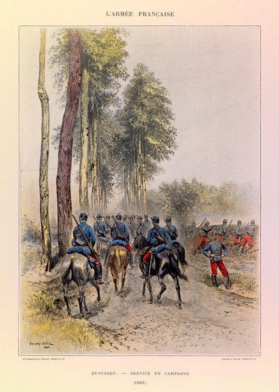 Types en uniformen van het Franse leger van Kapitein Jules Richard, geïllustreerd door Edouard Detaille: Huzaren; Veldservice 1885 door Jean Baptiste Edouard Detaille