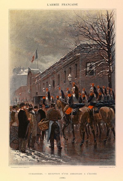 Typen en uniformen van het Franse leger van Kapitein Jules Richard, geïllustreerd door Edouard Detaille: Cuirassiers: Ontvangst van een ambassade op het Elysee in 1886, Privécollectie door Jean Baptiste Edouard Detaille
