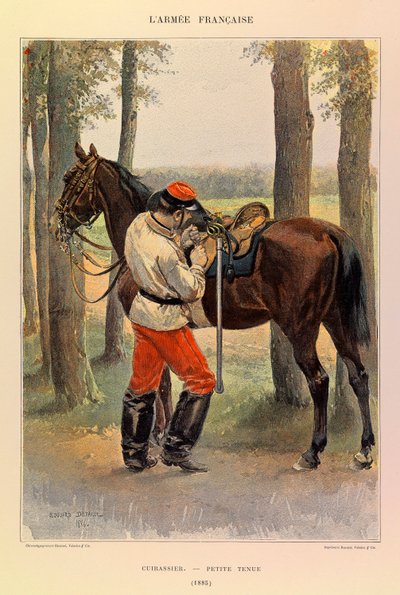 Typen en uniformen van het Franse leger van Kapitein Jules Richard, geïllustreerd door Edouard Detaille: Cuirassier in kleine tenue in 1885, Privécollectie door Jean Baptiste Edouard Detaille