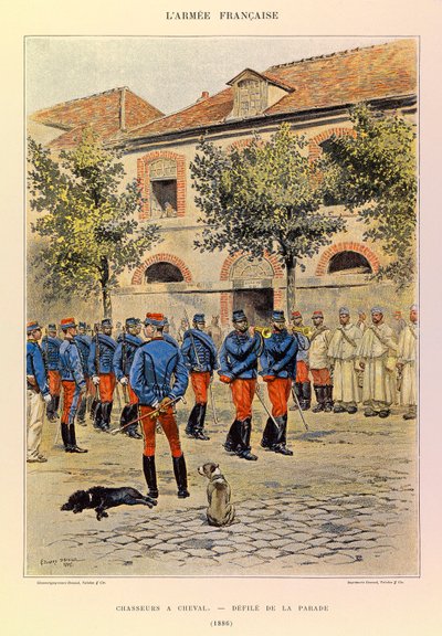 Typen en uniformen van het Franse leger van kapitein Jules Richard, geïllustreerd door Edouard Detaille (1848-1912): Jagers te paard; Parade in 1886 door Jean Baptiste Edouard Detaille