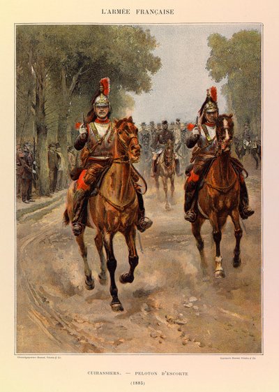 Typen en uniformen van het Franse leger van kapitein Jules Richard, geïllustreerd door Edouard Detaille (1848-1912): Cuirassiers: Escorte peloton in 1885 door Jean Baptiste Edouard Detaille