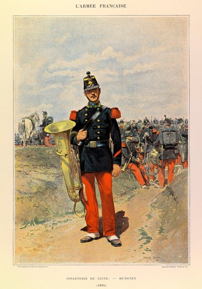 Types en uniformen van het Franse leger van Kapitein Jules Richard, geïllustreerd door Edouard Detaille: Linie-infanterie: Musicus in 1885 door Jean Baptiste Edouard Detaille