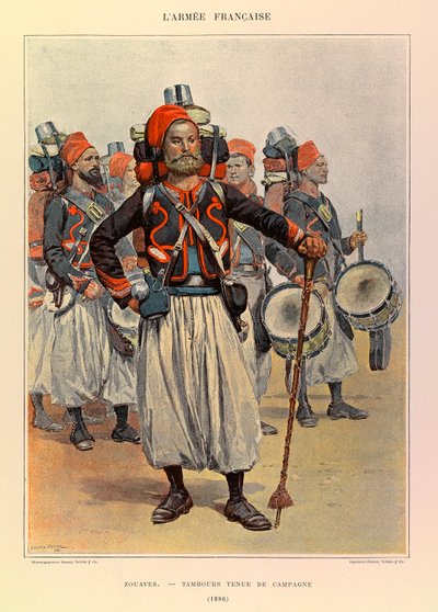 Types en uniformen van het Franse leger van Kapitein Jules Richard, geïllustreerd door Edouard Detaille: Zouaven: Trommel in landelijke kleding in 1886 door Jean Baptiste Edouard Detaille