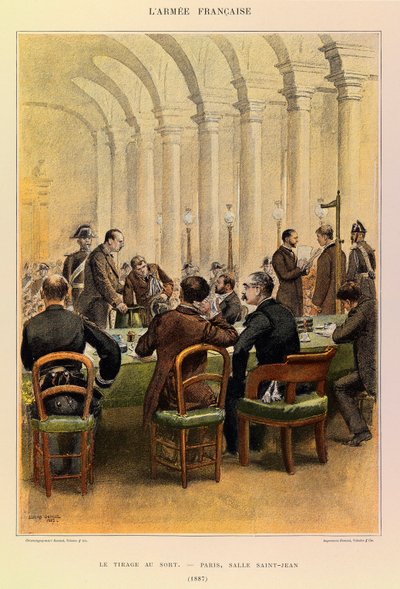 Typen en uniformen van het Franse leger van kapitein Jules Richard, geïllustreerd door Edouard Detaille (1848-1912): De loting in Parijs, Salle Saint Jean in 1887, Privécollectie door Jean Baptiste Edouard Detaille