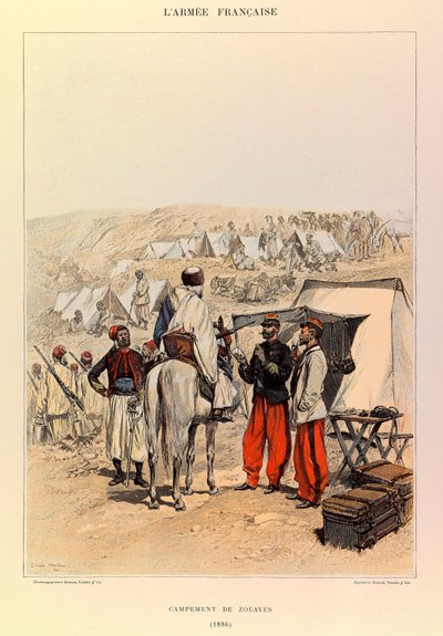Types en uniformen van het Franse leger van kapitein Jules Richard, geïllustreerd door Edouard Detaille (1848-1912): Kamp van Zouaven in 1886, Privécollectie door Jean Baptiste Edouard Detaille