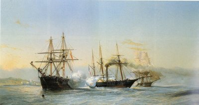 Zeeslag voor de Marokkaanse kust tussen twee Marokkaanse brikken en een Franse wiel-corvet ter gelegenheid van het bombardement van Mogador door het Franse eskader in 1844. door Jean Baptiste Henri Durand Brager