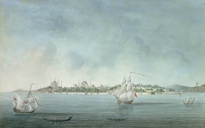 Uitzicht op Sultan Ahmet en Santa Sophia vanuit Uskudar, in Constantinopel door Jean Baptiste Hilair