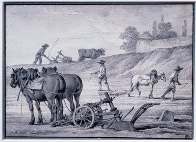 Landbouw: ploegscène. Tekening door Jean Baptiste Huet (1745-1811) 18e eeuw. Parijs, Louvre Museum door Jean Baptiste Huet