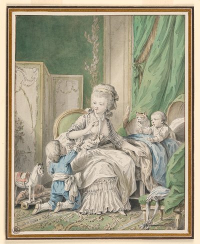Tekening, Moeder en twee kinderen in een boudoir, mogelijk 1782 door Jean Baptiste Huet