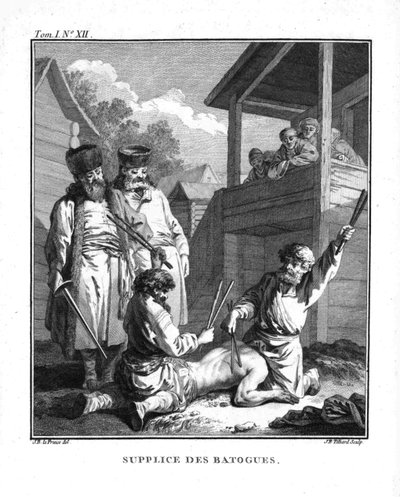 Straf met batogs. Uit Voyage en Sibérie, 1766 door Jean Baptiste Le Prince