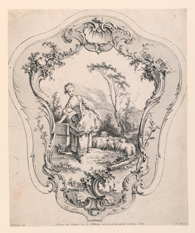 Rocaille-paneel, met scène van een herderin door Jean Baptiste Le Prince