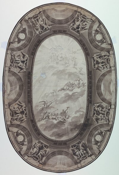 Tekening, Project voor de geschilderde versiering van het plafond van een zaal (geschilderd ovaal plafond), 1761 door Jean Baptiste Marie Pierre