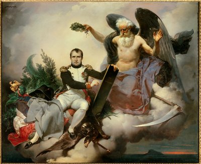 Napoleon I gekroond door Tijd, schrijft de Code Civil. Allegorie van Tijd, onder de gedaante van een oude engel kroont Napoleon Bonaparte (1769-1821) op het moment dat hij zijn wetboek herzag, bekend als de Code Napoleon, afgekondigd in 1804. Schilderij do door Jean Baptiste Mauzaisse