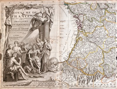 Kaart van Guyenne en Gascogne, met een portret van Lodewijk XIV omringd door allegorische figuren door Jean Baptiste Nolin