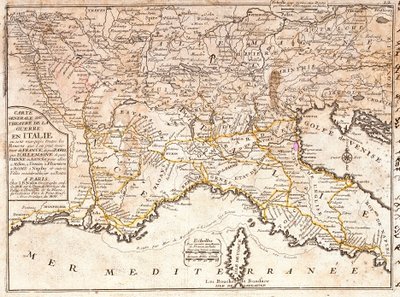 Kaart van de wegen naar de belangrijkste Italiaanse steden vanuit heel Europa (Gravure) door Jean Baptiste Nolin