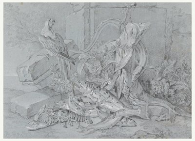Tekening, Stilleven met vis en papegaai, 1740 door Jean Baptiste Oudry