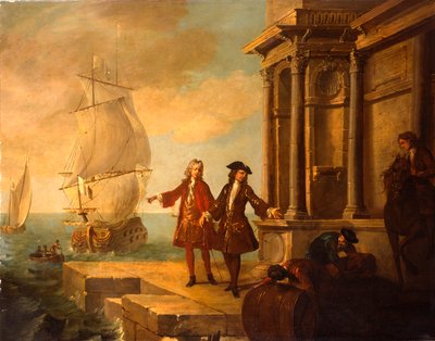 Europese kooplieden met sjouwers die een vat en een baal op een kade hanteren door Jean Baptiste Oudry