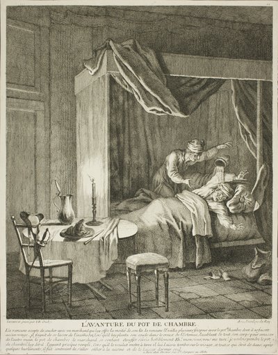 Het avontuur van de kamerpot, plaat vier uit Scènes du Roman Comique door Jean Baptiste Oudry