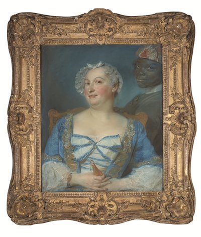 Portret van een vrouw in blauwe jurk en haar zwarte dienaar door Jean Baptiste Perronneau