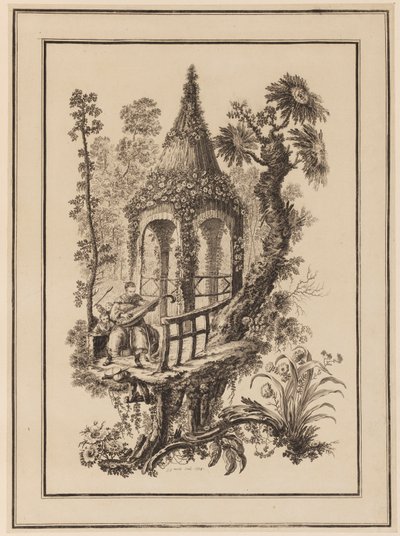 Drie figuren voor structuur met bomen door Jean Baptiste Pillement