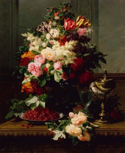 Een Stilleven van Rozen, Tulpen en andere Bloemen op een Duitse Compote door Jean Baptiste Robie