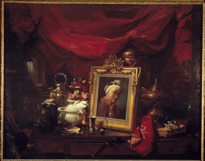 Chardin en zijn modellen. Tafel in een array (abyme). Een schilderij dat Jean Baptiste Simeon Chardin (1699-1779) omringd door stillevens afbeeldt. Schilderij door Philippe Rousseau (1816-1887) 1867 Parijs, musee d