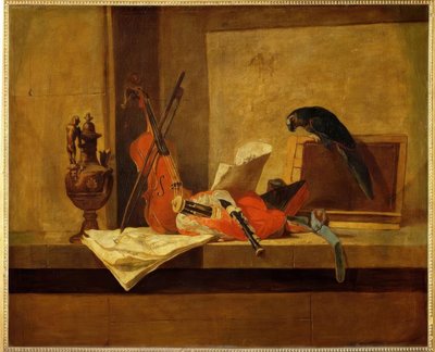 J.B.S. Chardin, muziekinstrumenten en papegaai door Jean Baptiste Simeon Chardin