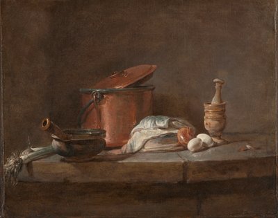 Keukengerei met prei, vis en eieren, c. 1734 door Jean Baptiste Simeon Chardin