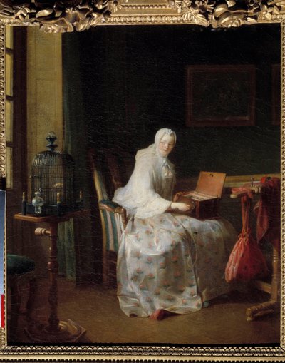 La serinette ou dame variant ses amusements Schilderij door Jean Baptiste Simeon Chardin (1699-1779) 18e eeuw door Jean Baptiste Simeon Chardin