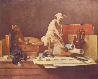 Frans:  Nature morte avec des attributs des Arts Stilleven met attributen van de kunsten door Jean Baptiste Simeon Chardin