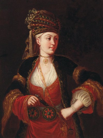 Een dame, driekwart lengte, in oosterse kleding door Jean Baptiste Vanmour