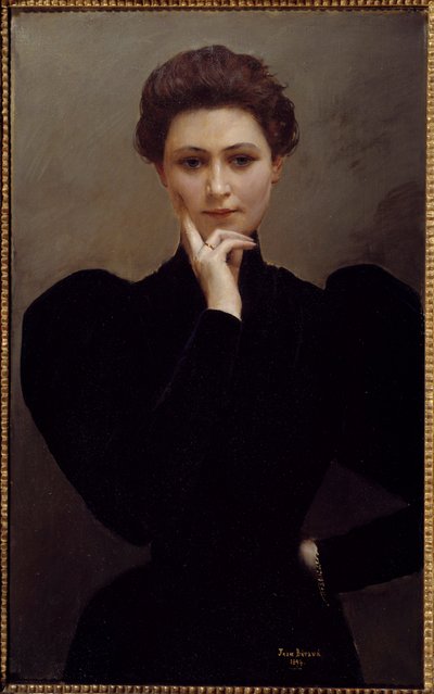 Meditatie Een peinzende jonge vrouw gekleed in Belle Epoque mode door Jean Beraud