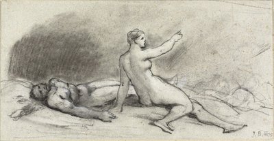Naakte vrouw zittend met slapende naakte man (recto); vrouwelijk torso van achteren gezien (verso) door Jean Beraud