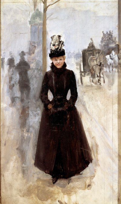 Parijse op de boulevard of vrouw met mof door Jean Beraud