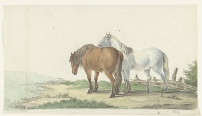 Een bruin en wit paard op een weg naast een hek door Jean Bernard