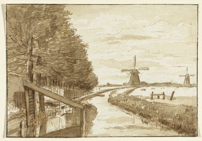Landschap met een vaart en twee molens door Jean Bernard