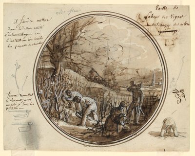 Tekening, Ontwerp voor een beschilderd porseleinen bord, Snijden en werken in de wijngaard, 1819-20 door Jean Charles Develly