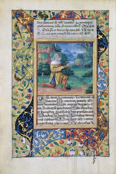 Koning David in boetedoening voor God de Vader, uit het Getijdenboek van Lodewijk van Orléans, 1490 door Jean Colombe