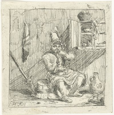 Man zit in de keuken op een omgedraaide wastobbe en eet door Jean Covitré