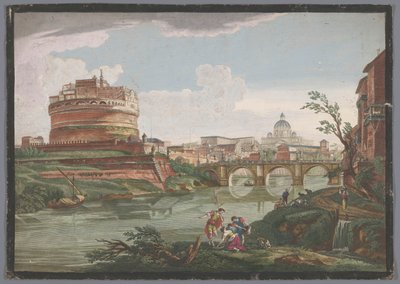 Gezicht op de Engelenburcht en de Engelenbrug over de rivier de Tiber te Rome door Jean Daullé