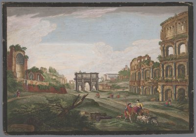 Gezicht op de ruïnes van de Boog van Constantijn en het Colosseum te Rome door Jean Daullé